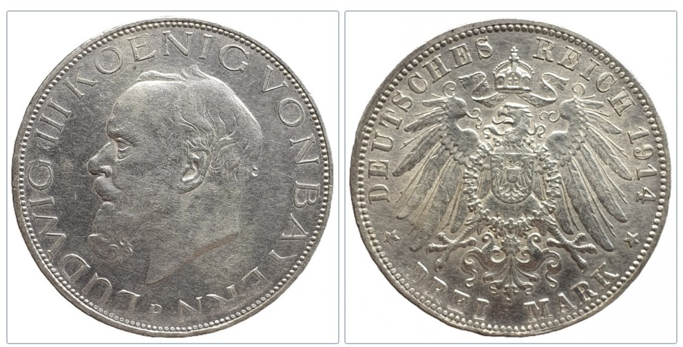  Kaiserreich Drei Mark 1914 D Ludwig III Koenig von Bayern Silber 15g fein   
