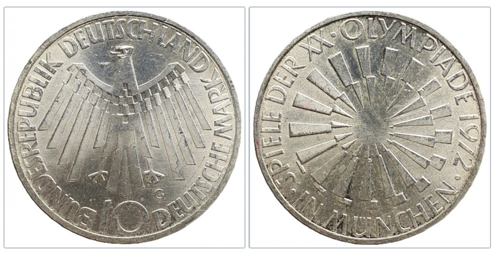  Deutschland 10 Mark, 1972 G XX. Olympische Sommerspiele, München Silber 9,69g fein   