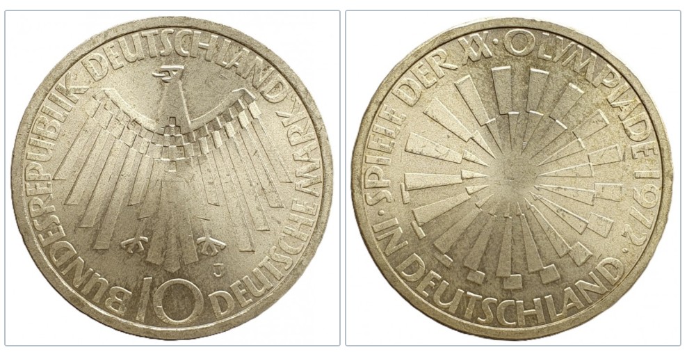  Deutschland 10 Mark, 1972 J XX. Olympische Sommerspiele, München Silber 9,69g fein   