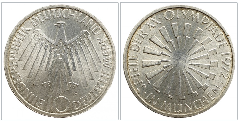  Deutschland 10 Mark, 1972 F XX. Olympische Sommerspiele, München Silber 9,69g fein   