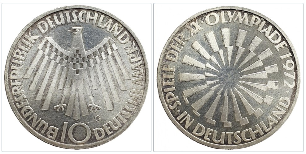  Deutschland 10 Mark, 1972 G XX. Olympische Sommerspiele München Silber 9,69g fein   