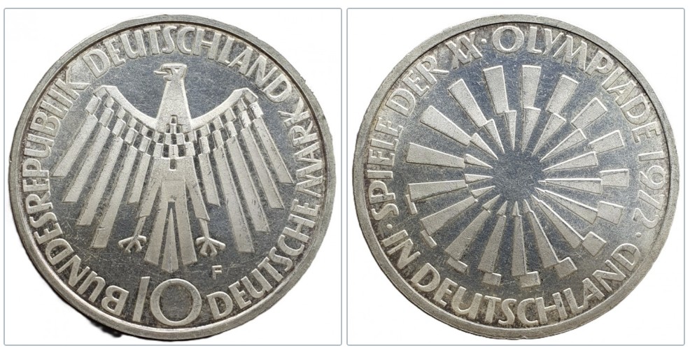  Deutschland 10 Mark, 1972 F XX. Olympische Sommerspiele, München Silber 9,69g fein   
