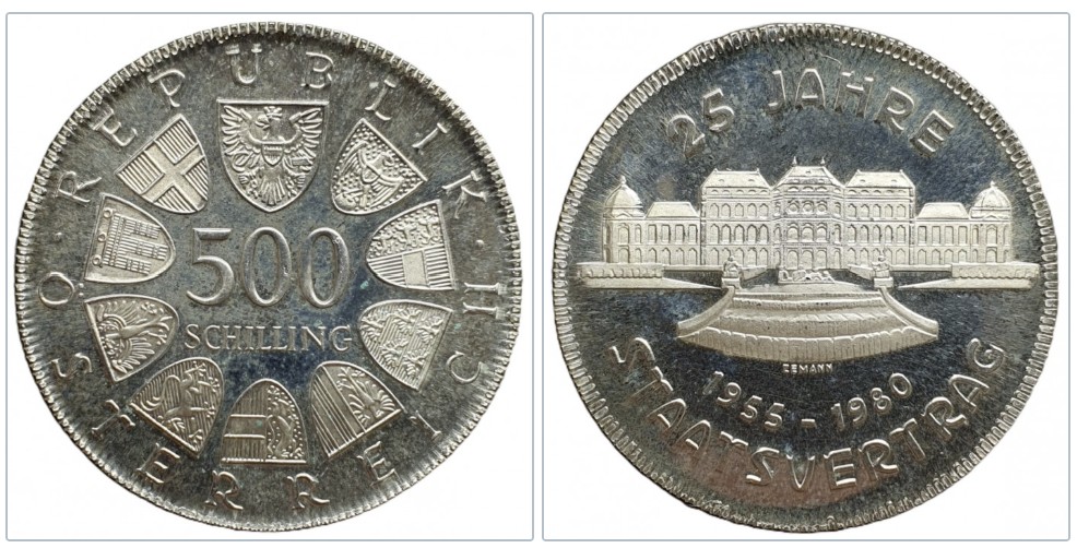  Österreich  500 Schilling 1980 -- 25 Jahre Staatsvertrag PP Silber 15,36g fein   