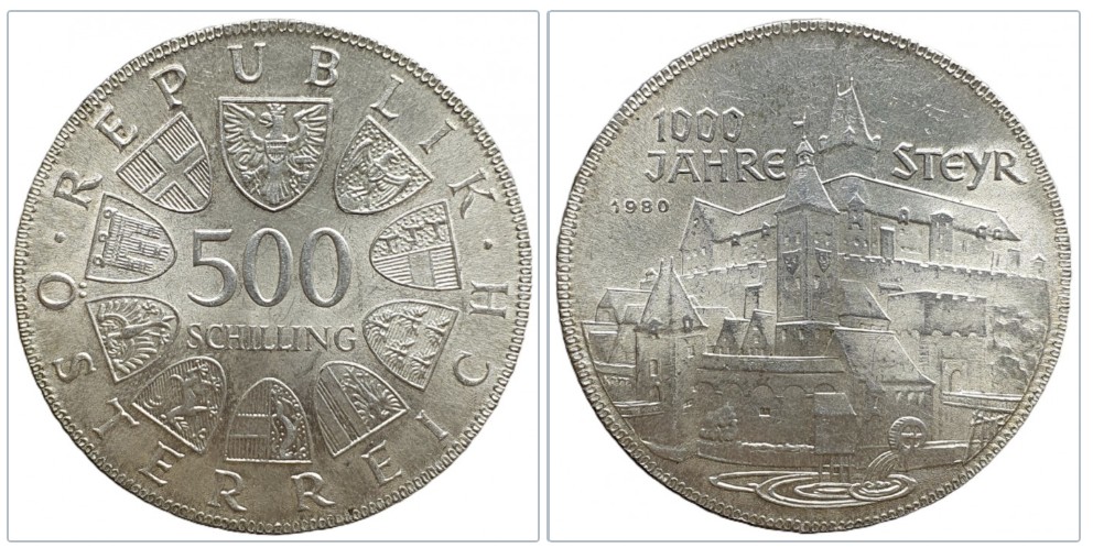  Österreich 500 Schilling 1980 -- 1000 Jahre Steyr Silber 15,36g fein   