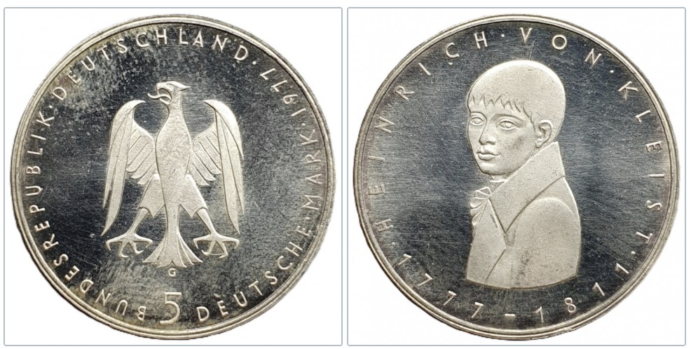  Deutschland 5 Mark, 1977 G 200. Geburtstag von Heinrich von Kleist Silber 7g fein   