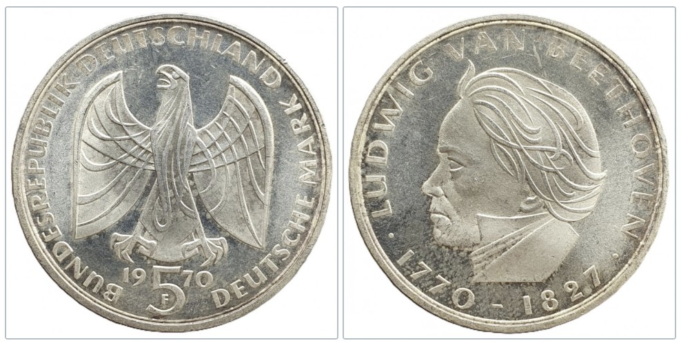  Deutschland 5 Mark 1970 F -- 200. Geburtstag von Ludwig van Beethoven Silber 7g fein   