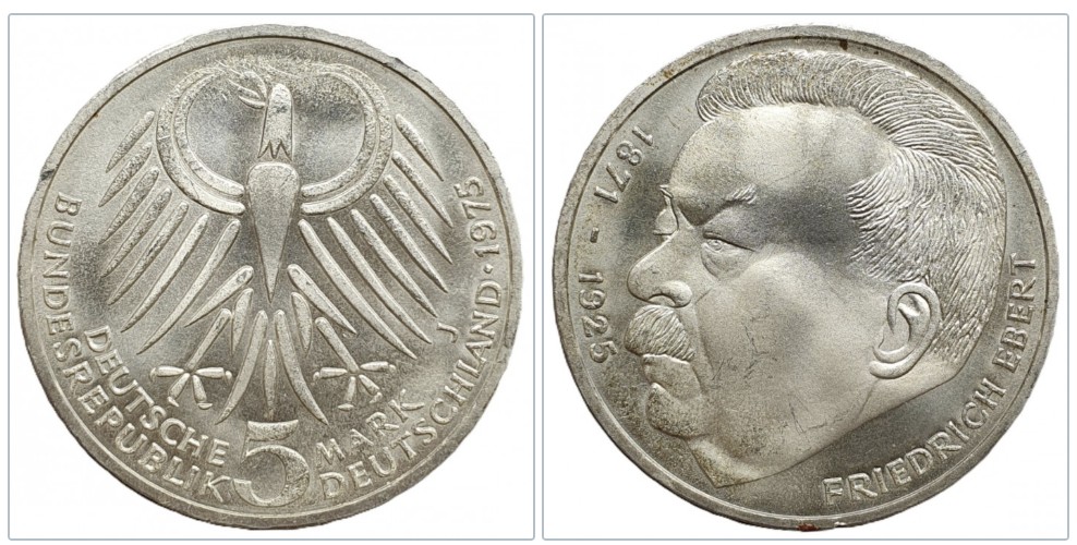  Deutschland 5 Mark 1975 J -- 50. Todestag von Friedrich Ebert Silber 7g fein   