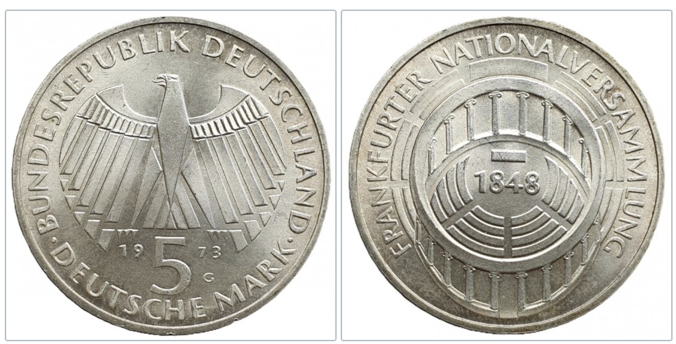  Deutschland 5 Mark, 1973 G 125 Jahre Frankfurter Nationalversammlung Silber 7g fein   