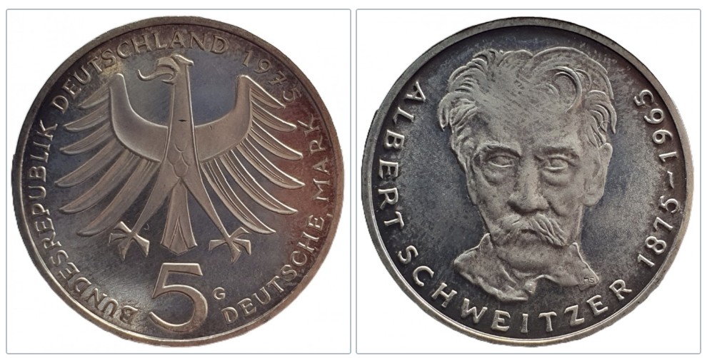  Deutschland 5 Mark 1975 G -- 100. Geburtstag von Albert Schweitzer Silber 7g fein   