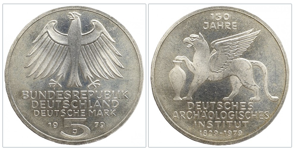  Deutschland 5 Mark 1979 J -- 150 Jahre Deutsches Archäologisches Institut Silber 7g fein   