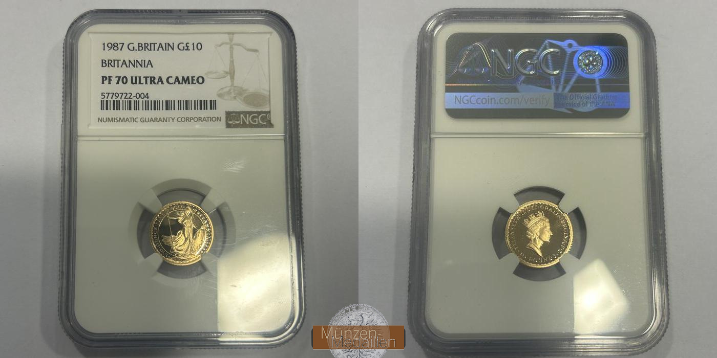  Großbritannien / 10 Pfund Gold Britannia 1/10 oz 1987 MM-Frankfurt KM#953 Feingold: 3,110 g   