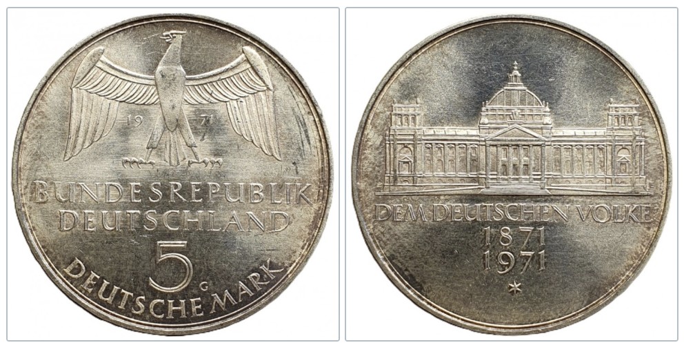  Deutschland 5 Mark 1971 G -- 100 Jahre Gründung des deutschen Reiches Silber 7g fein   
