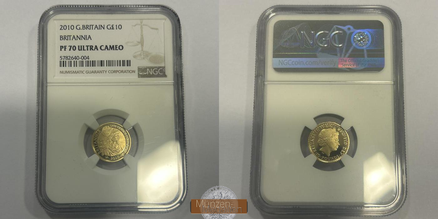  Großbritannien / 10 Pfund Gold Britannia 1/10 oz 2010 MM-Frankfurt Feingold: 3,110 g   