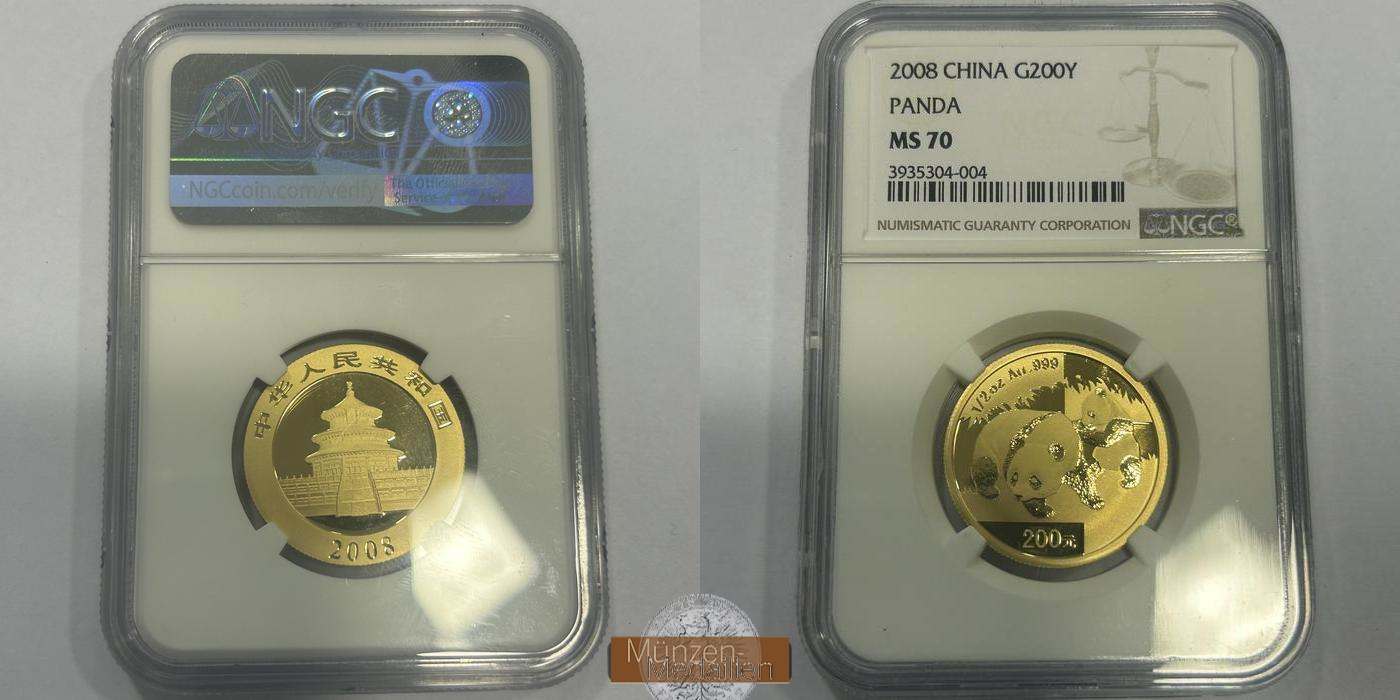  China / 200 Yuan Gold Panda 1/2 oz 2008 MM-Frankfurt Feingold: 15,536 g   