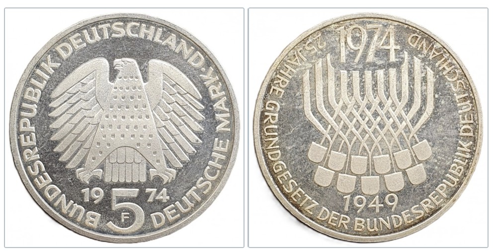  Deutschland 5 Mark 1974 F -- 25 Jahre Grundgesetz der Bundesrepublik Deutschland Silber 7g fein   