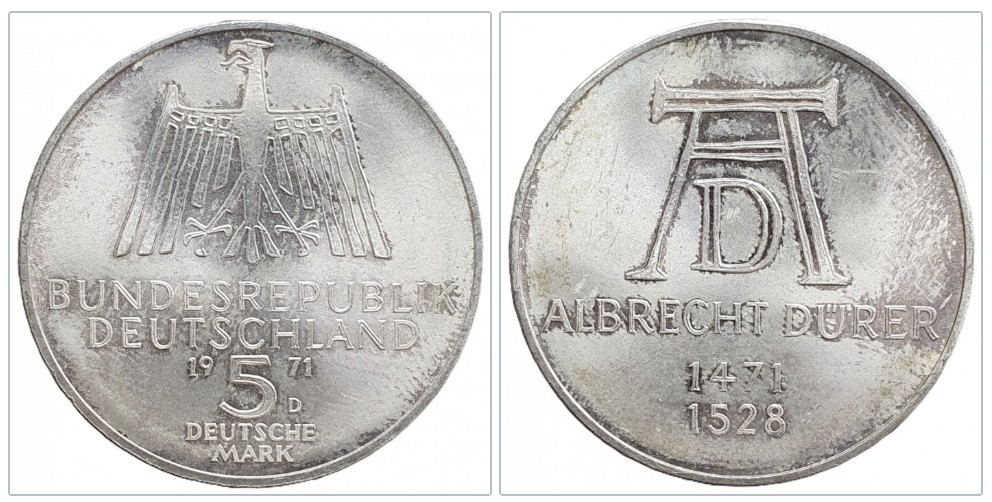  Deutschland 5 Mark 1971 D -- 500. Geburtstag von Albrecht Dürer Silber 7g fein   