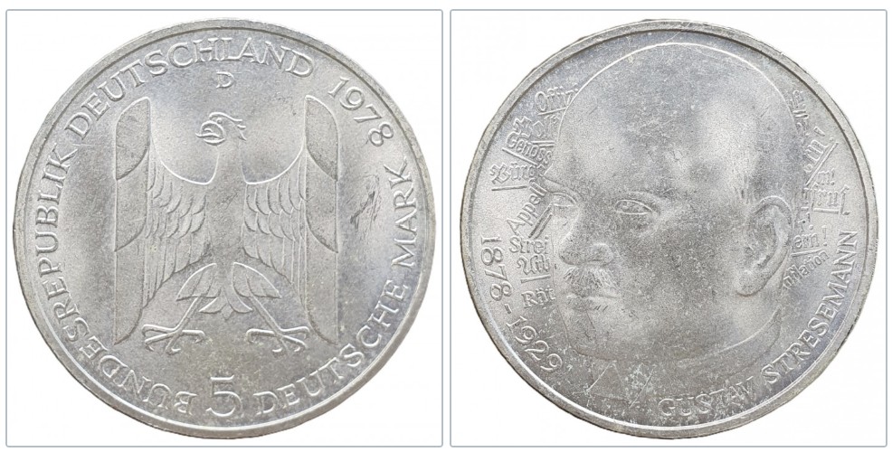  Deutschland 5 Mark 1978 D -- 100. Geburtstag von Gustav Stresemann Silber 7g fein   
