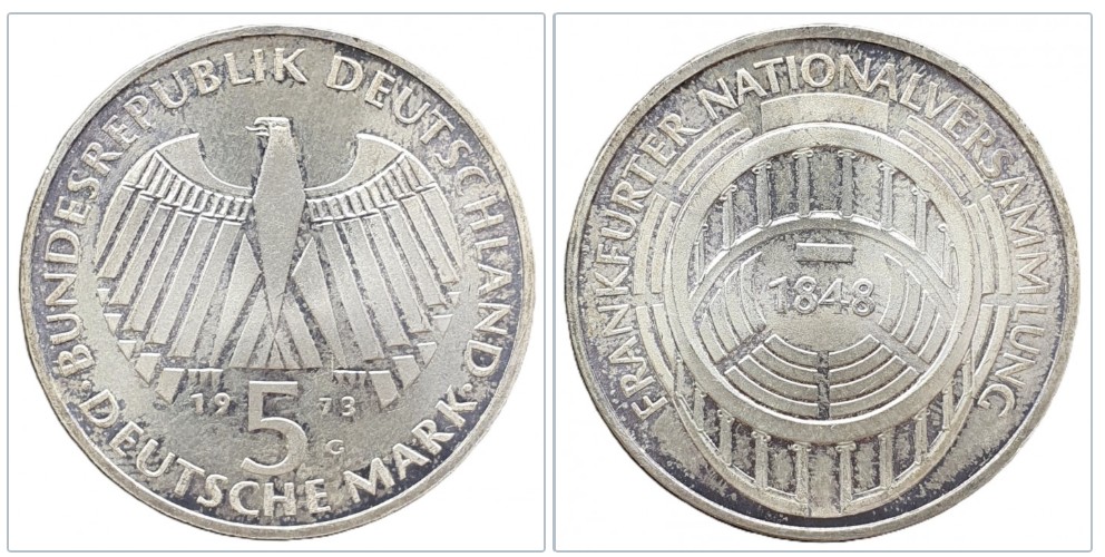  Deutschland 5 Mark, 1973 G 125 Jahre Frankfurter Nationalversammlung Silber 7g fein   