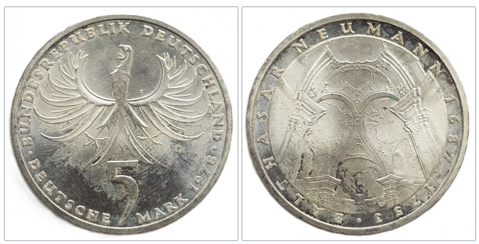  Deutschland 5 Mark 1978 F -- 225. Todestag von Johann Balthasar Neumann Silber 7g fein   