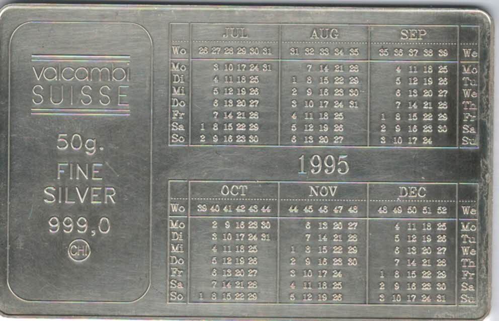  Silberbarren 50 g Valcambi Kalender 1995 Ag 999,0 silber Schweiz Österreich Spittalgold9800 (3469)   