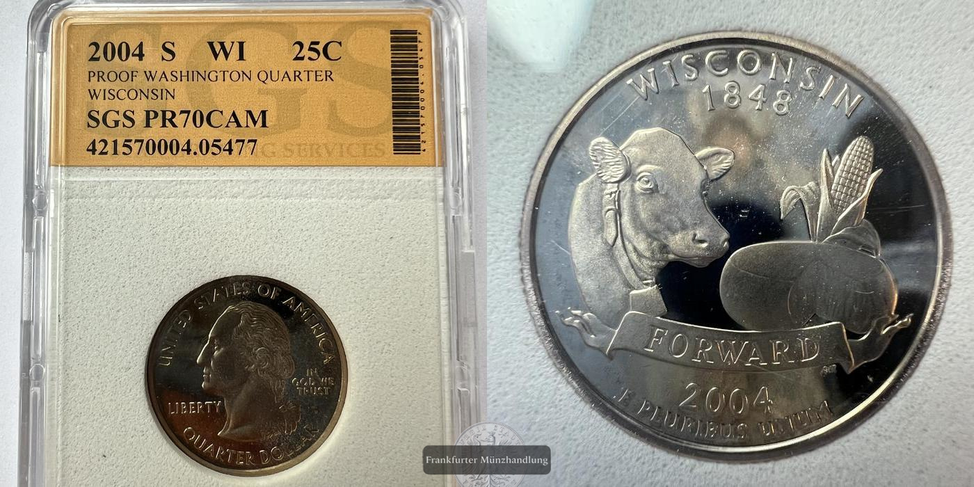  USA ¼ Dollar Washington Quarter 2004 (Wisconsin Proof) FM-FRANKFURT KM#359a Feinsilber: 5,625g   