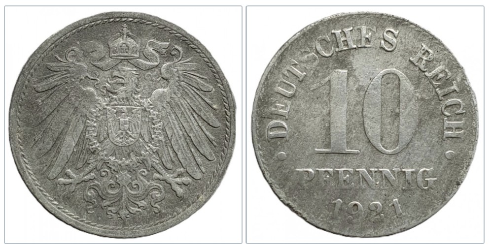  Kaiserreich 10 Pfennig 1921 Zink / nicht magnetisch   