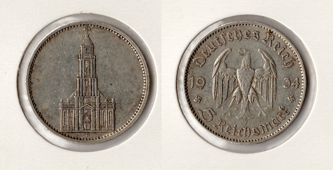  III. Reich 5 Reichsmark 1934 -A- Garnisonskirche Jaeger 357. Silber .900er   