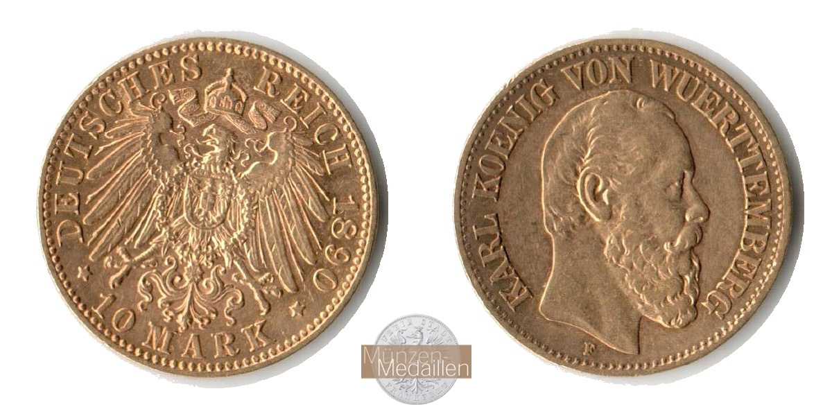 Würtemberg, Kaiserreich MM-Frankfurt Feingold: 3,58g 10 Mark König Karl 1890 F 