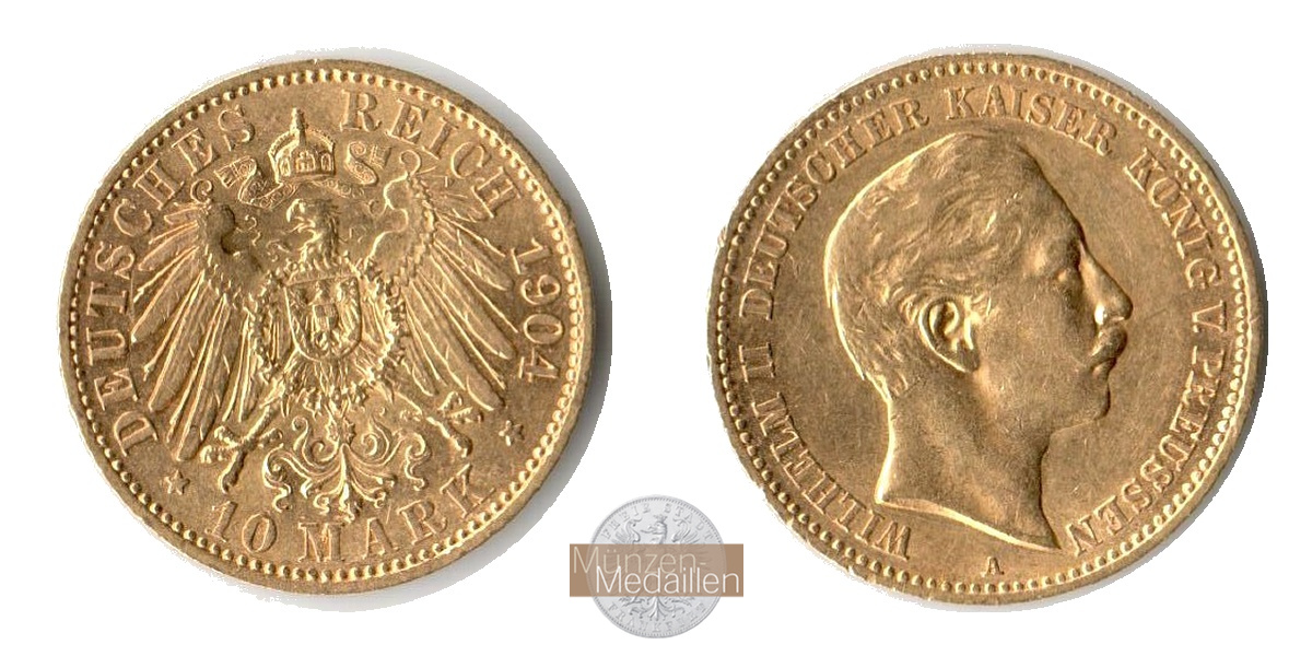 Dt. Kaiserreich Preussen, Wilhelm II MM-Frankfurt KM#520 Feingold: 3,58g 10 Mark (1890-1912) 1904 A 