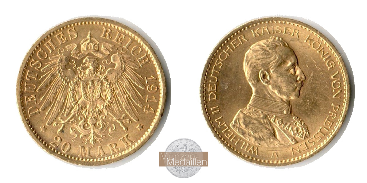 Preussen Kaiserreich, Wilhelm II Uniform MM-Frankfurt KM#537 Feingold: 7,17g 20 Mark (1913-1915) 1914 A 