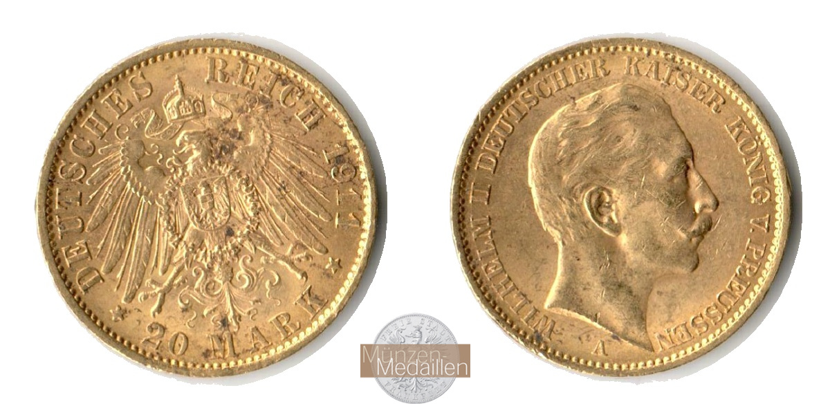 Dt. Kaiserreich, Preussen. Wilhelm II. MM-Frankfurt Feingold: 7,16g 20 Mark 1911 A 