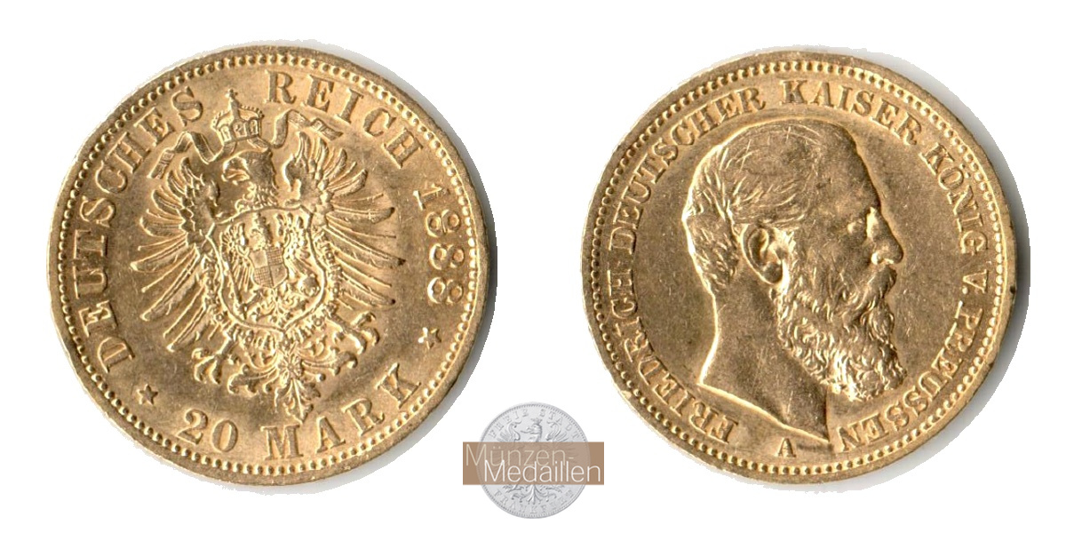 Dt. Kaiserreich Preussen, Friedrich III MM-Frankfurt KM#515 Feingold: 7,17g 20 Mark 1888 A 