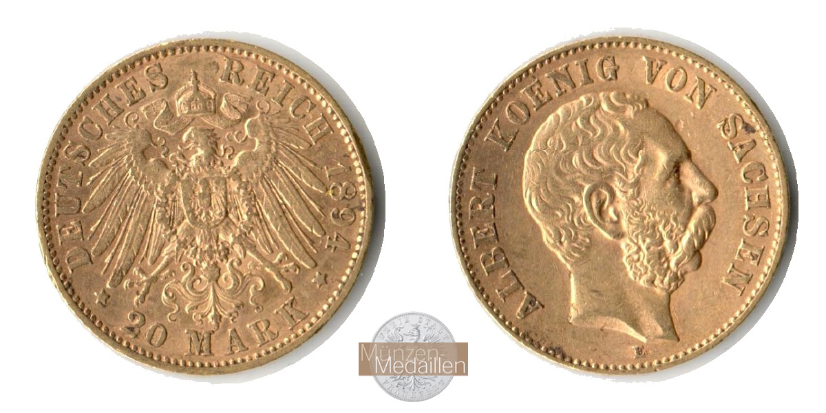 Dt. Kaiserreich Sachsen, Albert MM-Frankfurt KM#1248 Feingold: 7,17g 20 Mark (1894-1995) 1894 E 