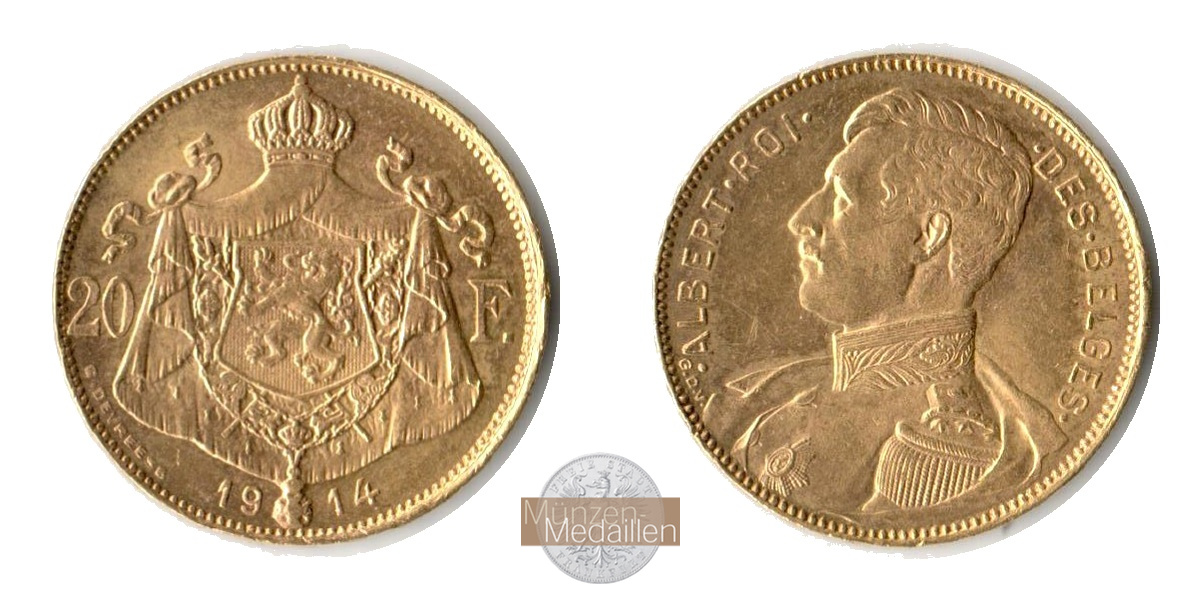  Belgien 20 Francs Albert I  1914 MM-Frankfurt KM#78 Feingold: 5,86g   