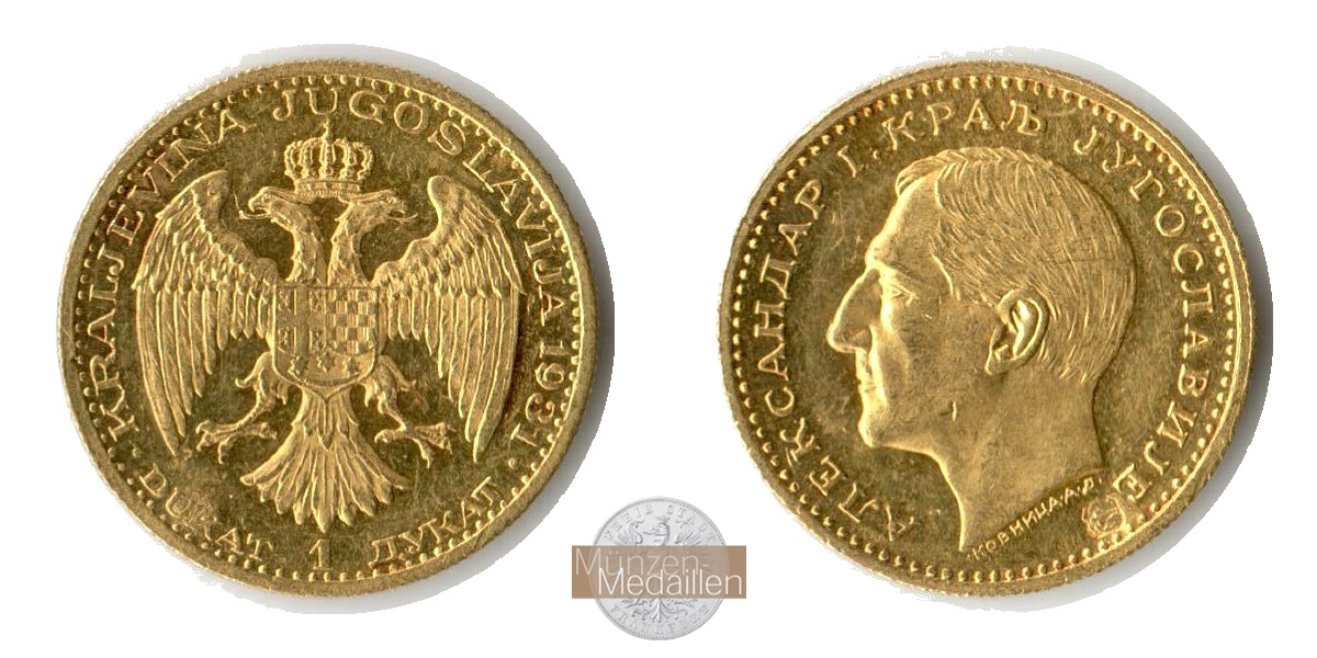  Jugoslawien 1 Ducat Aleksandar I 1931 (1931-34) MM-Frankfurt KM#12 Feingold: 3,36g   