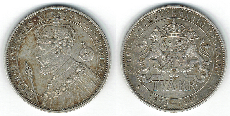  SZAIVERT SCHWEDEN OSKAR II. 2 KRONEN 1897 JUBILÄUM   