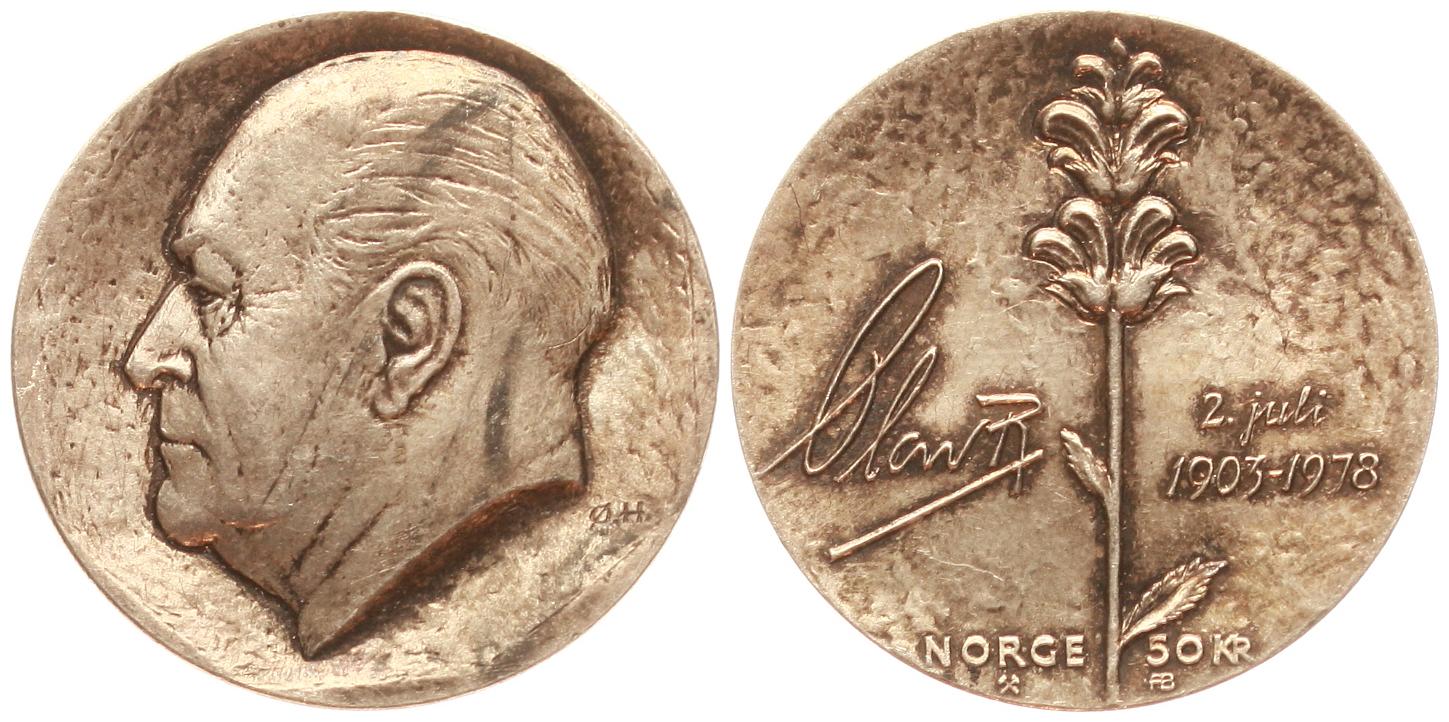 Norwegen: Olav V., 50 Kroner 1978, 27,3 gr. 925er Silber, 24,97 fein, 75. Geburtstag, schöne Patina!   
