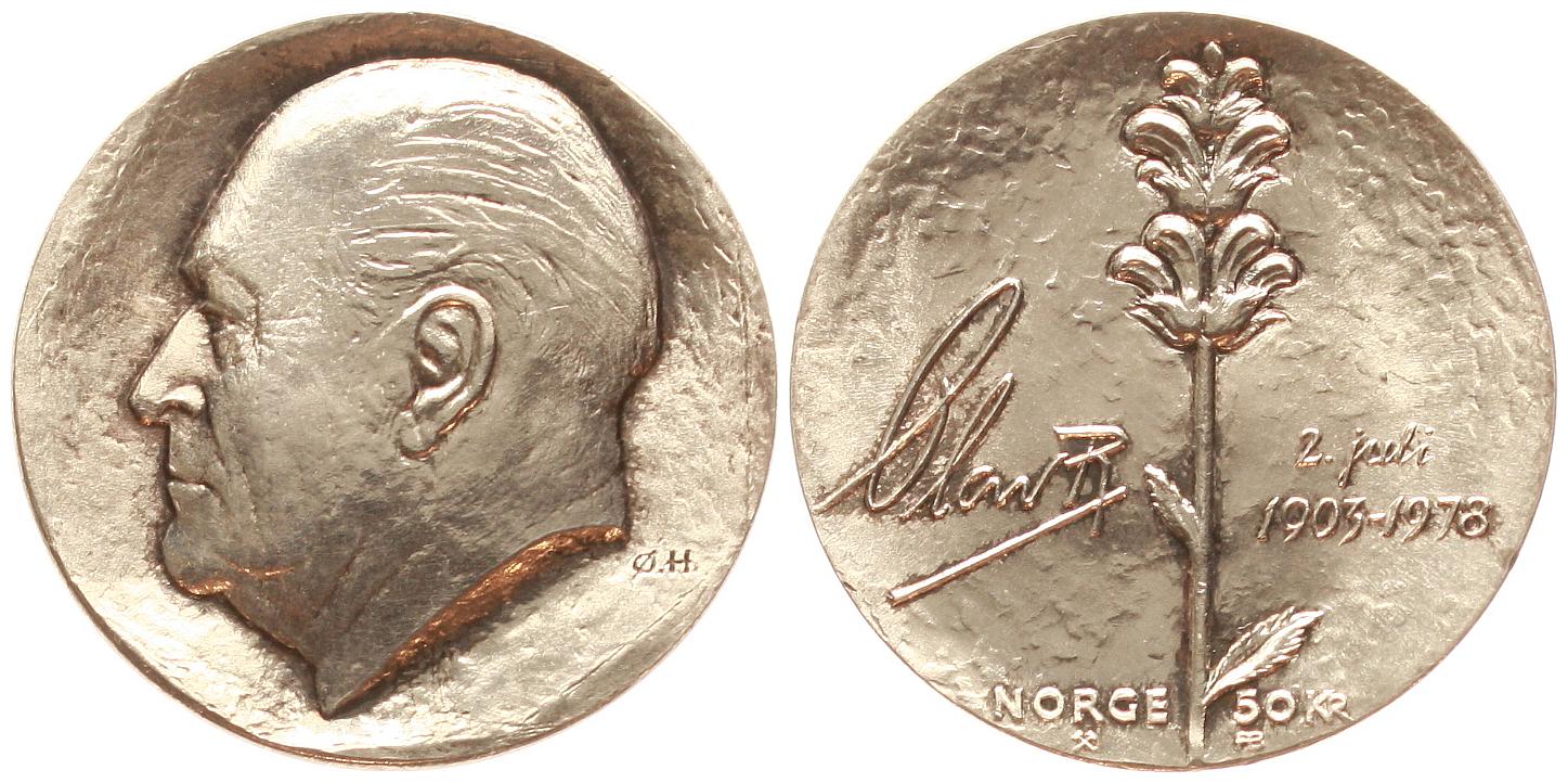  Norwegen: Olav V., 50 Kroner 1978, 27,3 gr. 925er Silber, 24,97 fein, 75. Geburtstag, schöne Patina!   