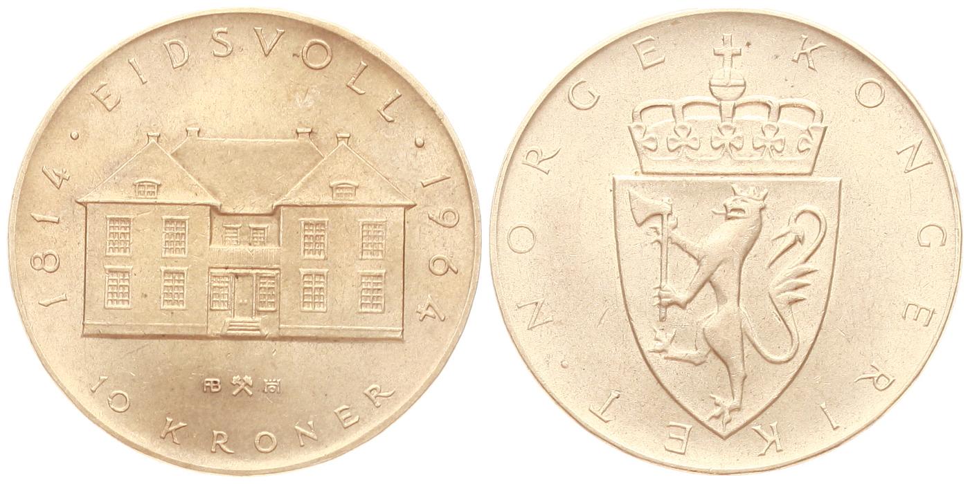  Norwegen: Olav V., 10 Kroner 1964, 150. Jahre Grundgesetzes, 20 gr. 900er Silber (18 gr. fein)   
