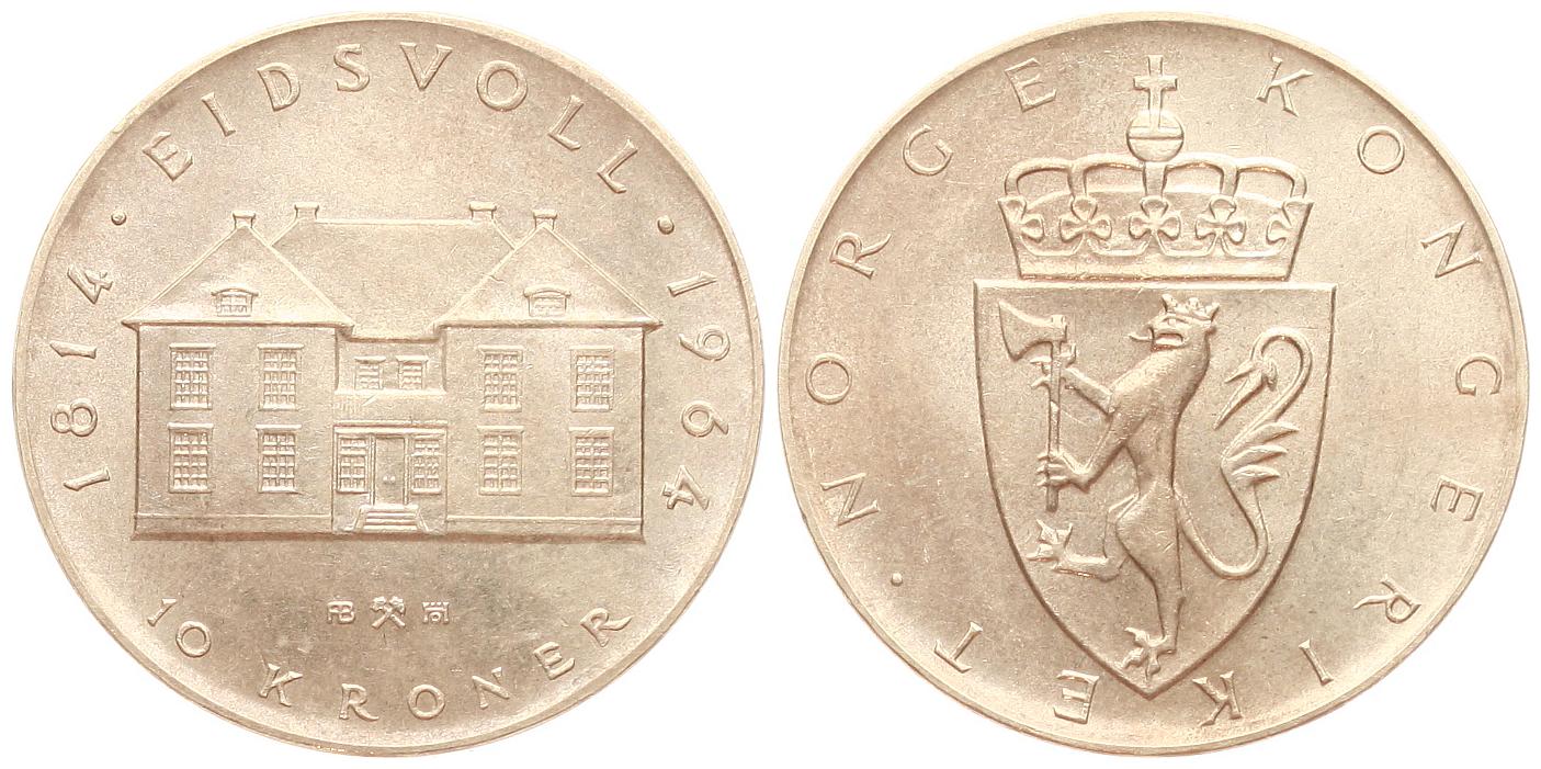 Norwegen: Olav V., 10 Kroner 1964, 150. Jahre Grundgesetzes, 20 gr. 900er Silber (18 gr. fein)   