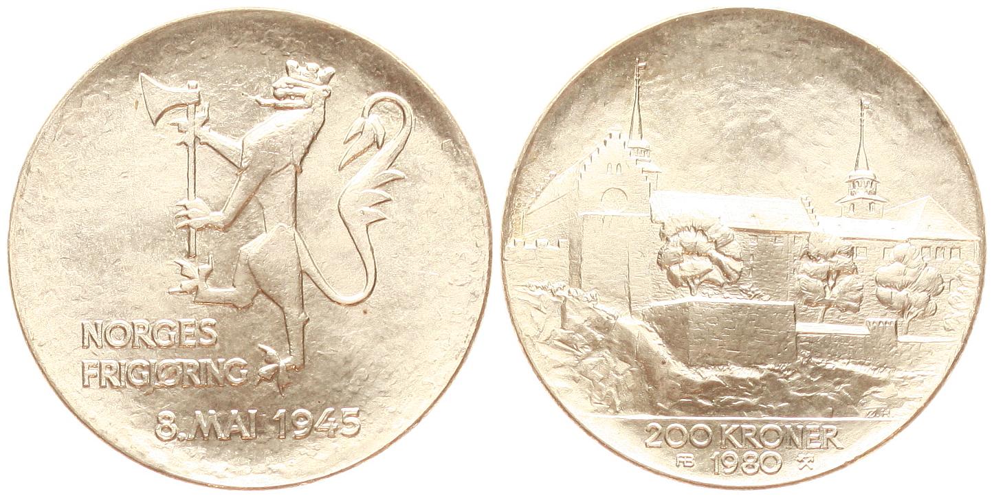 Norwegen: Olav V. 200 Kroner 1980, 35 Jahre Kriegsende, 27,30 gr. 625er Silber (17,08 fein)   