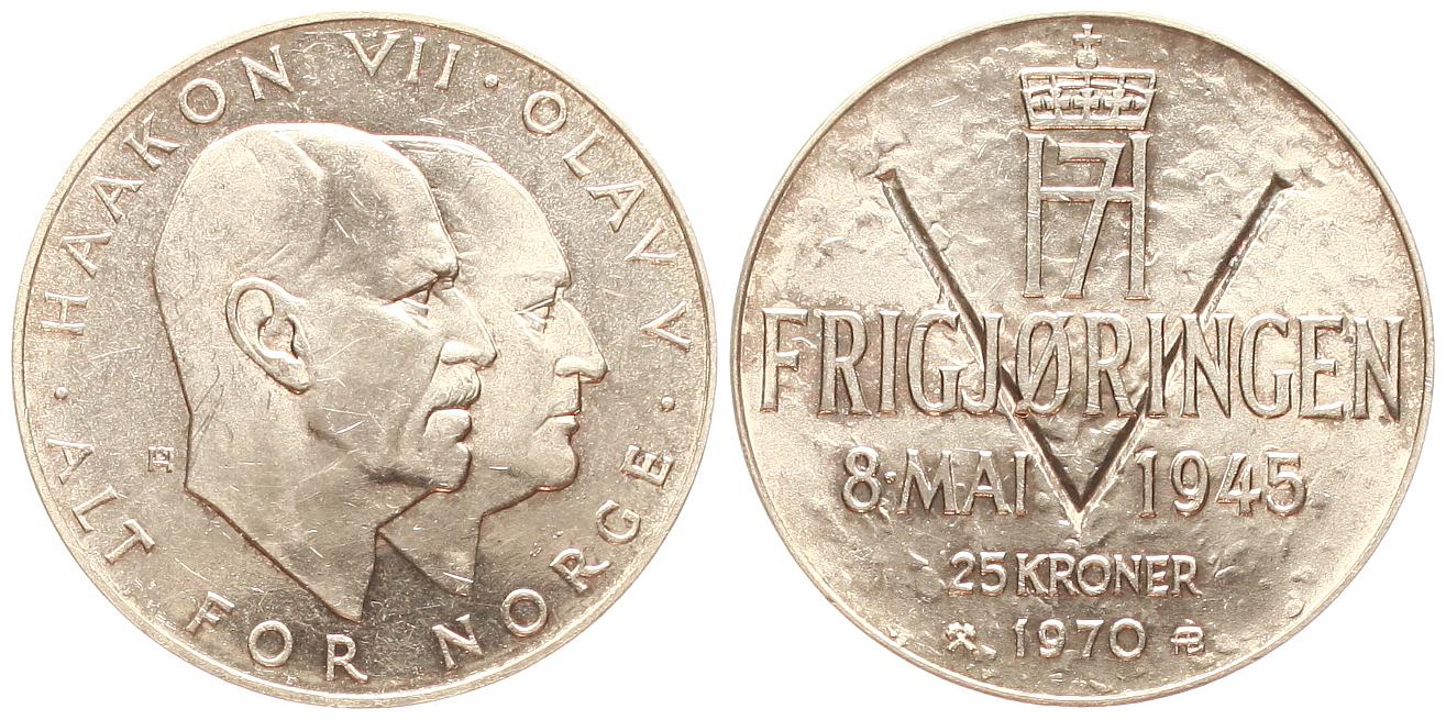  Norwegen: Olav V., 25 Kroner 1970, 29,00 gr. 875er Silber 25,37 fein, 25 jähriges Kriegsende   
