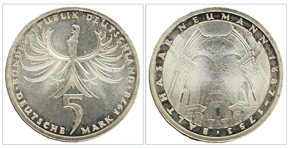  Deutschland 5 Mark 1978 F -- 225. Todestag von Johann Balthasar Neumann Silber 7g fein   