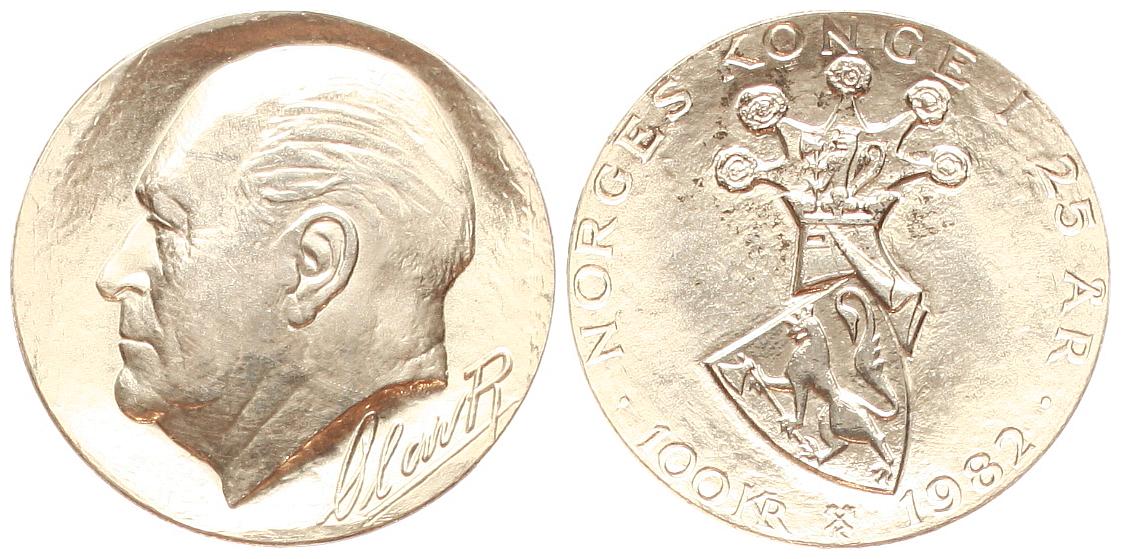  Norwegen: Olav V., 100 Kroner 1982, 25,73 gr. 925er Silber, 22,88 fein, 25. Regierungsjubiläum   