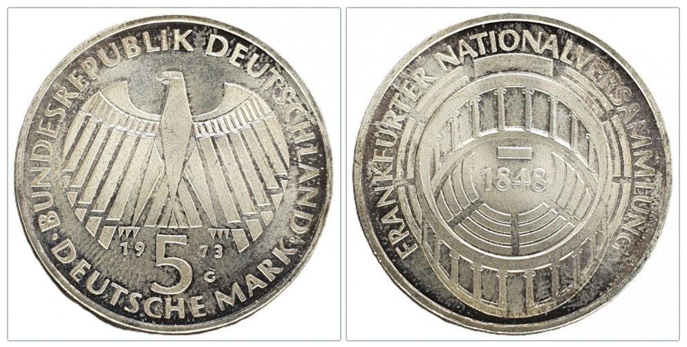  Deutschland 5 Mark, 1973 G 125 Jahre Frankfurter Nationalversammlung Silber 7g fein   