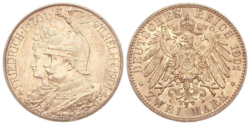  Preussen: Wilhelm II., 2 Mark 1901 A, 200 Jahre Königreich, schöne Patina!   
