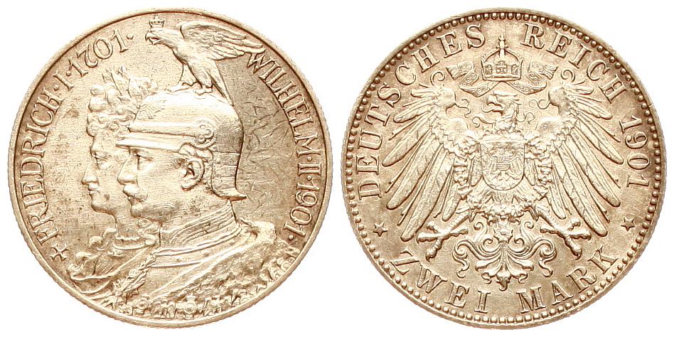  Preussen: Wilhelm II., 2 Mark 1901 A, 200 Jahre Königreich, schöne Patina!   