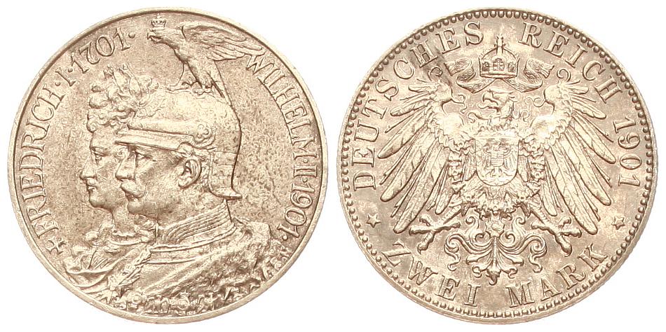  Preussen: Wilhelm II., 2 Mark 1901 A, 200 Jahre Königreich, schöne Patina!   