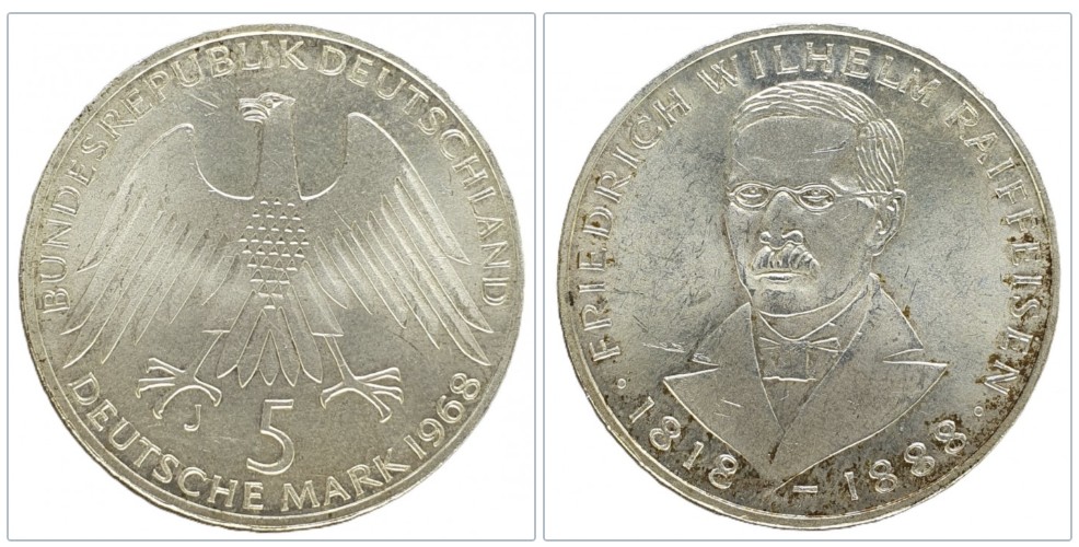  Deutschland 5 Mark 1968 J -- 150. Geburtstag von Friedrich Wilhelm Raiffeisen Silber 7g fein   