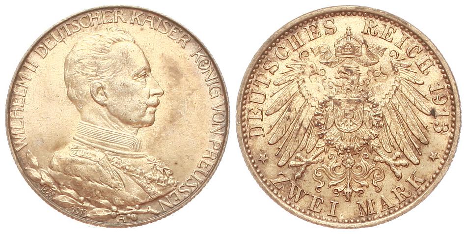  Preussen: Wilhelm II., 2 Mark 1913 A, 25. Regierungsjubiläum, schöne Patina!   